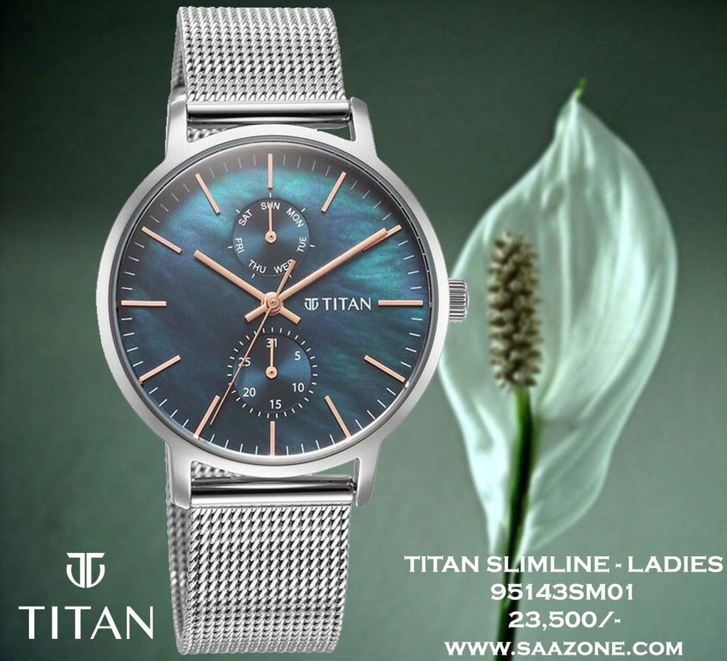 Titan Slimline Mother of Pearl Dial Mesh Band for Ladies 95143SM01